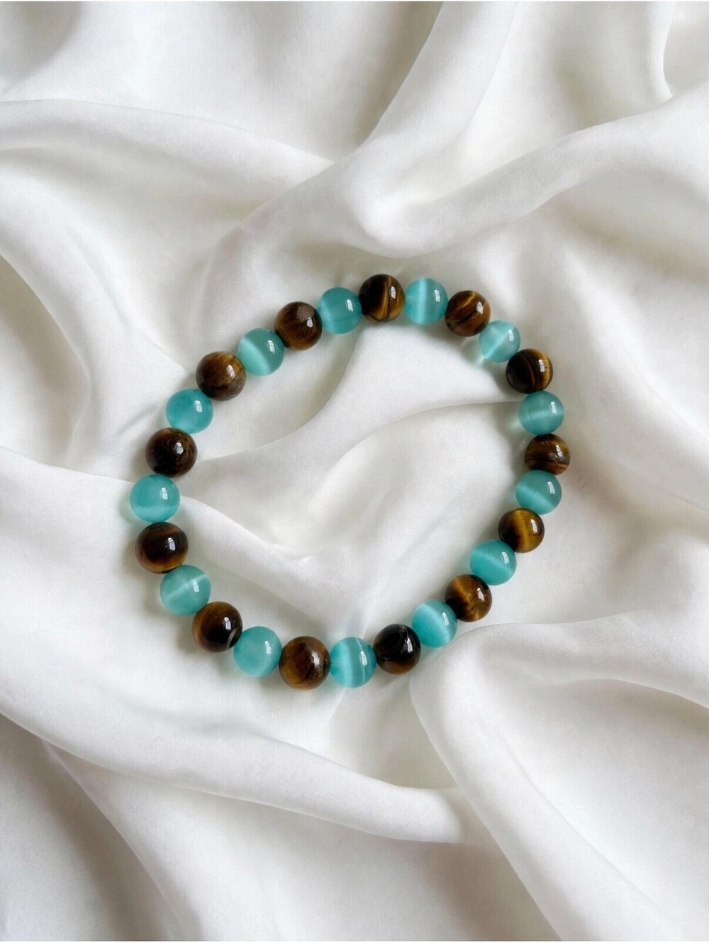 Teal Tiger Eye Beaded Stretch Bracelet 8mm Cat Eye Style